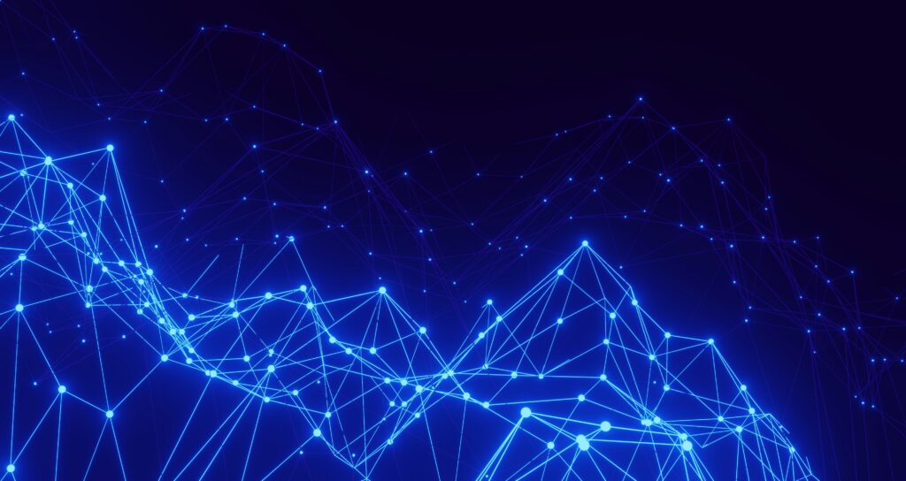 Photo by Conny Schneider on Unsplash of a blue blackground with lines and dots in different shades of blue on top reflecting the idea of data and data points
