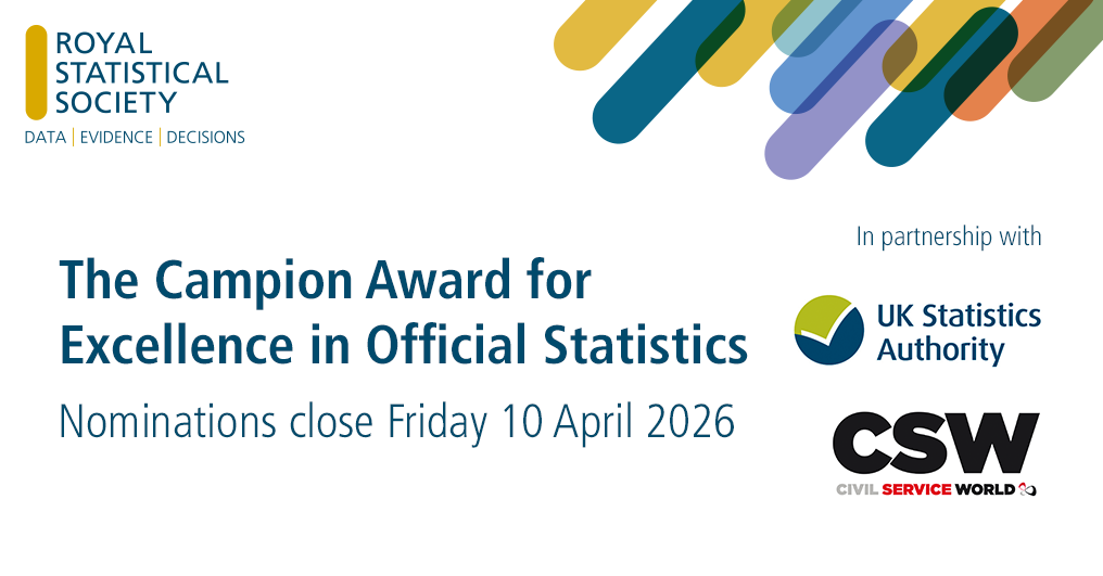 Text on a white background announcing that the Campion Award for Excellence in Official Statistics is now open for nominations. Text under this reads that the deadline for entries is 10 April 2026. Graphic also has the Royal Statistical Society, UK Statistics Authority and Civil Service World logos.